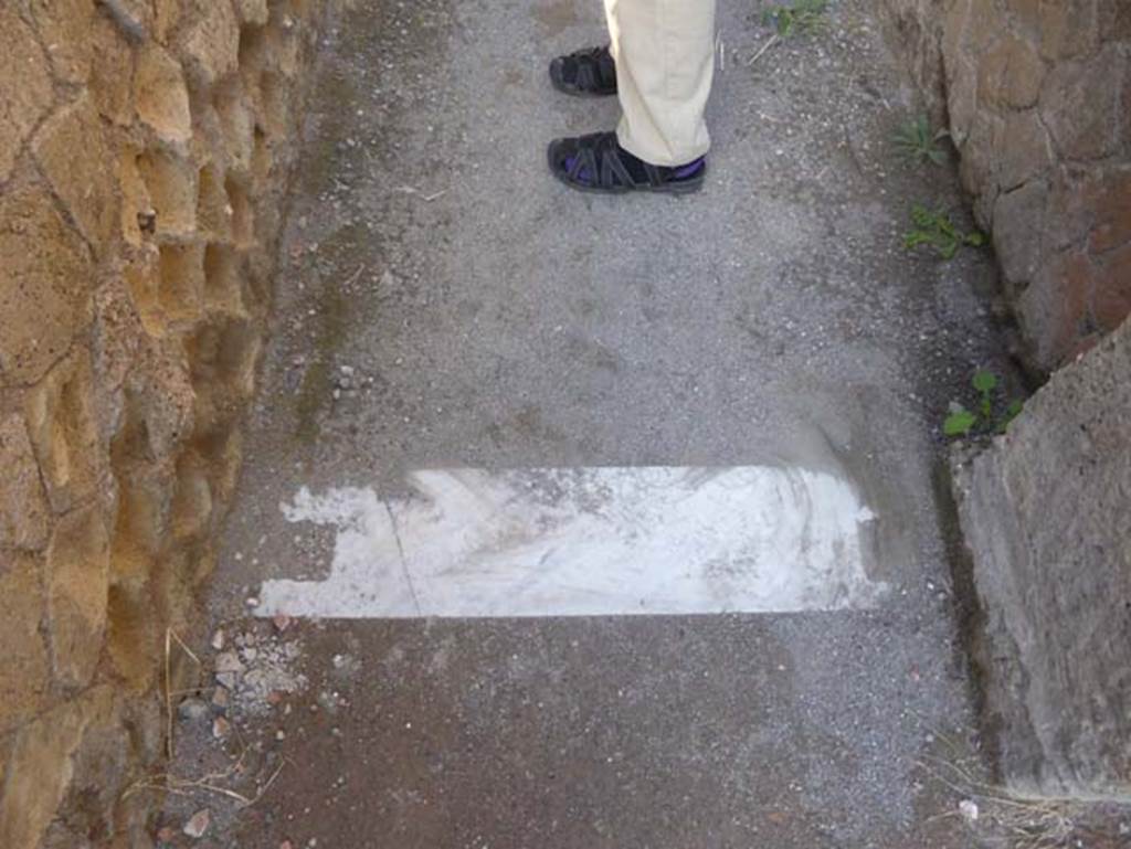 Ins. VI 24, Herculaneum, September 2015. Doorway threshold on west side of steps.